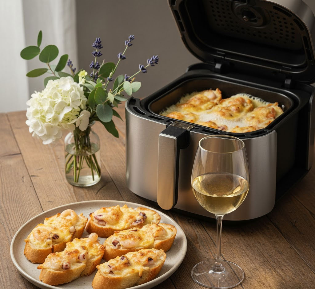 bánh mì phô-mai hải sản nướng phô-mai tan chảy cạnh ly rượu vang trắng