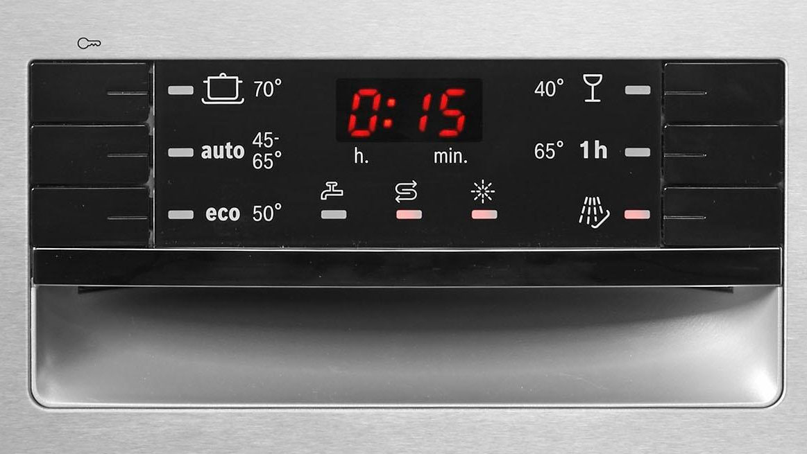 bảng điều khiển máy rửa bát hiển thị chế độ Eco và rửa nhanh với biểu tượng độ ồn thấp