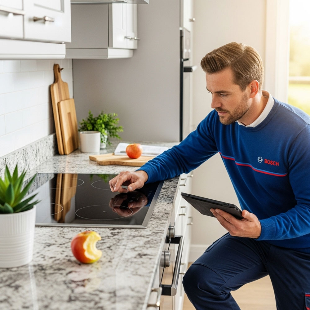 Kỹ thuật viên Bosch mặc đồng phục đang thực hiện kiểm tra bảo hành tại nhà