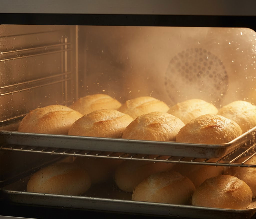 bánh mì đang nướng trong lò có hơi nước nhẹ