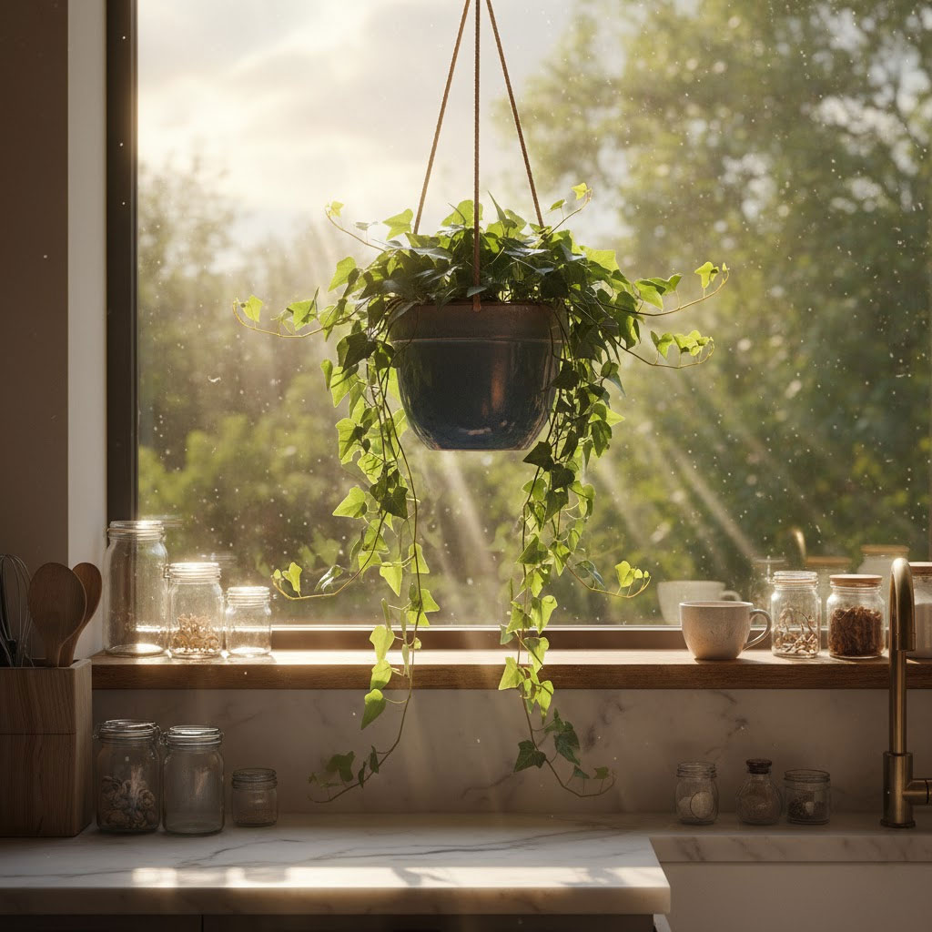 chậu cây treo sát cửa sổ nhà bếp