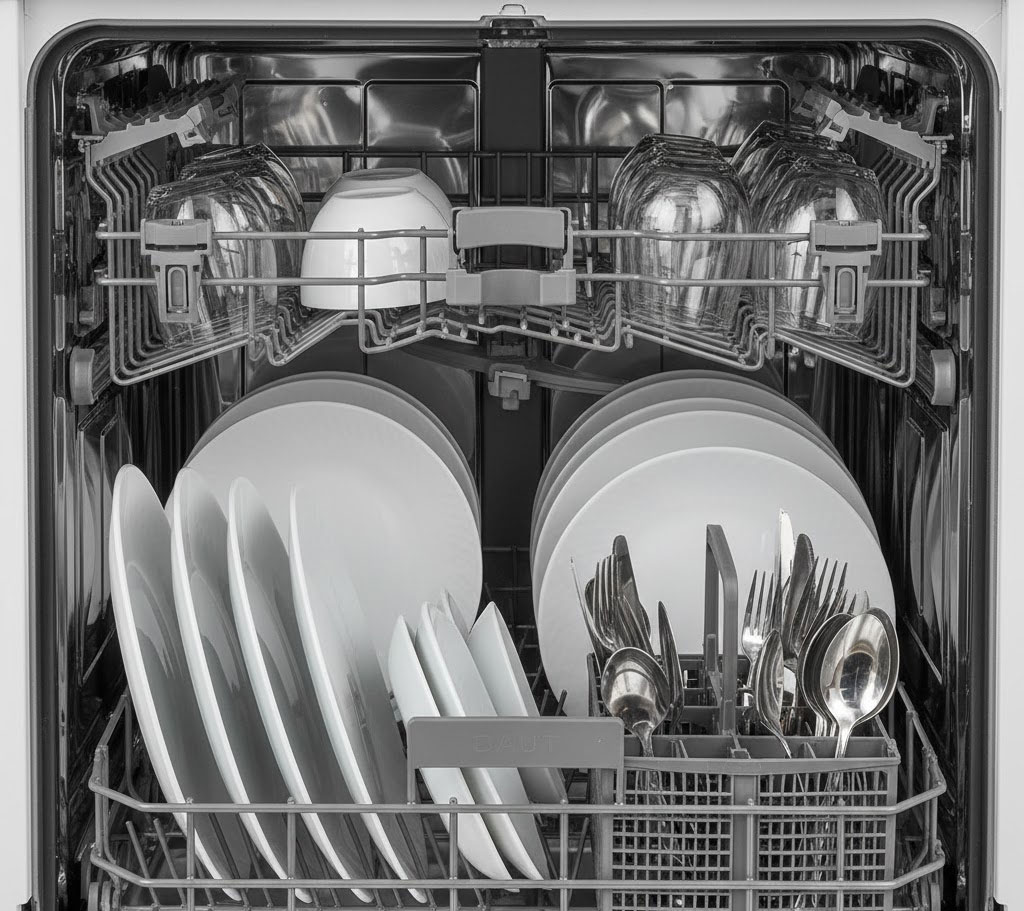 Rack bên trong máy rửa bát, bát đĩa xếp gọn gàng, không chạm nhau