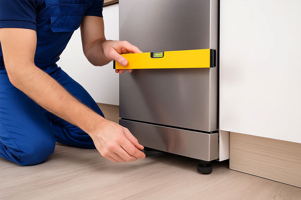 Kỹ thuật viên điều chỉnh chân máy để cân bằng