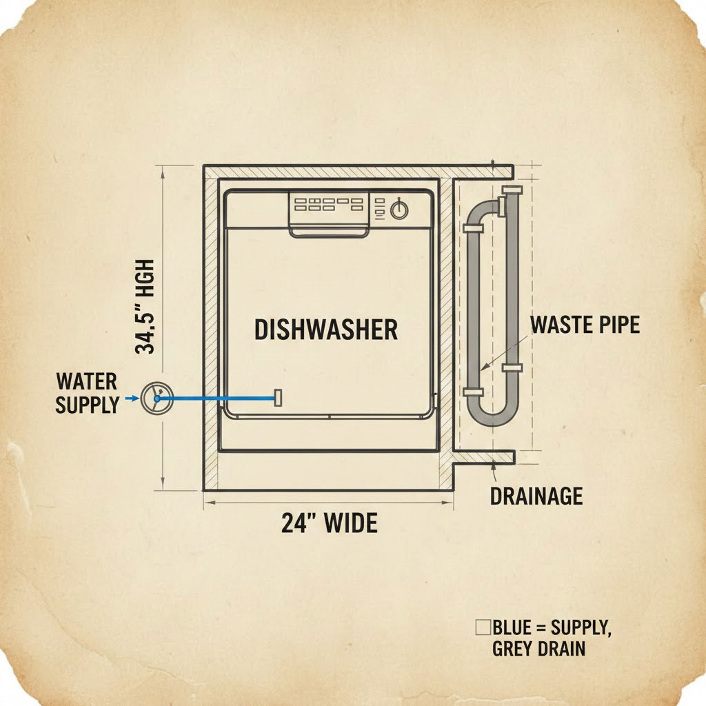 sơ đồ lắp đặt máy rửa bát trong tủ bếp đường nước