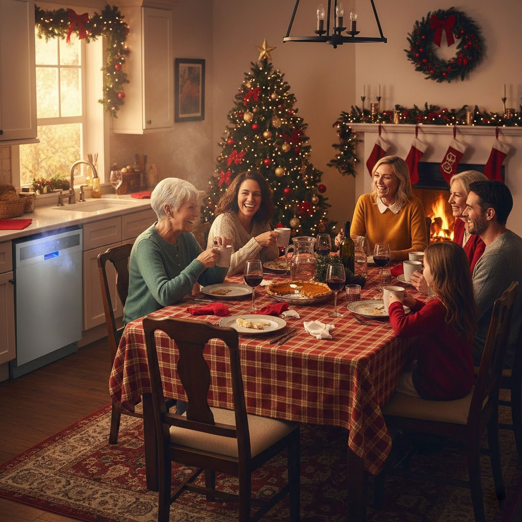 gia đình quây quần mùa lễ trong căn bếp có máy rửa bát