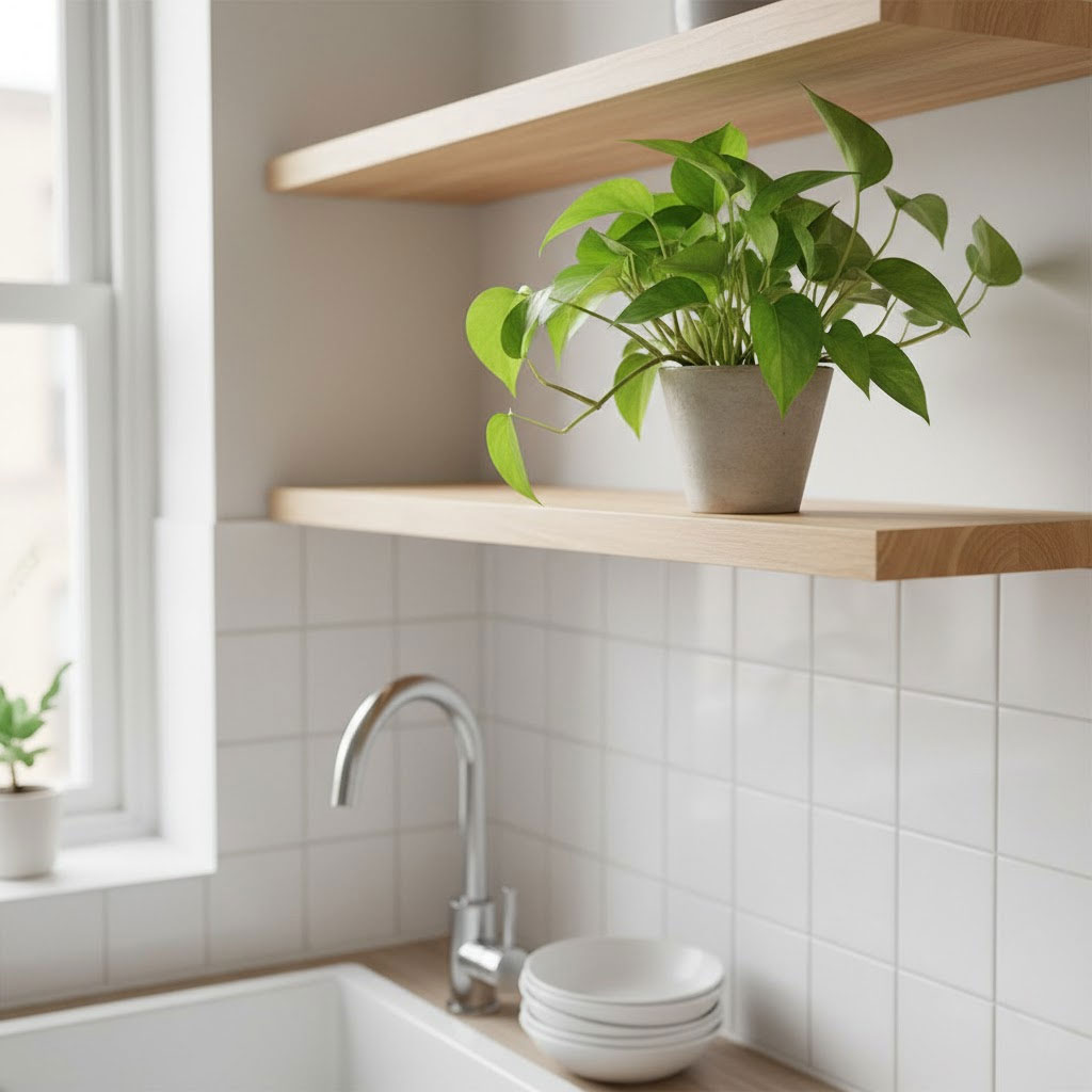 cây xanh nhỏ đặt trong bếp tạo khí sinh vượng