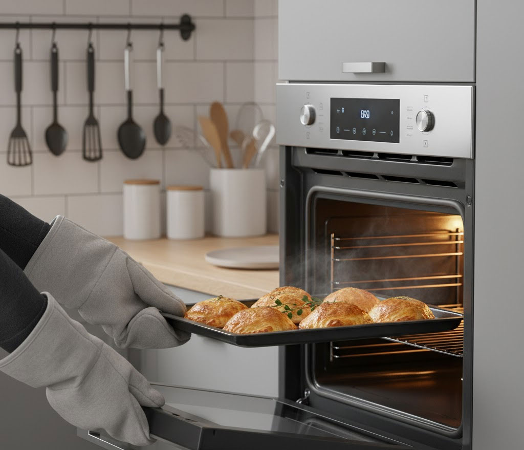 tay đeo găng chịu nhiệt, mở cửa lò để lấy khay ra