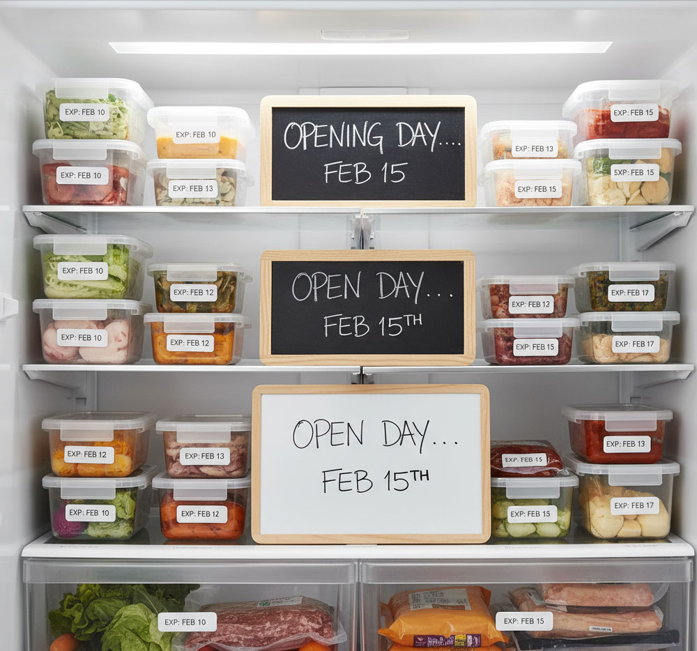 hộp thực phẩm có nhãn hạn dùng đặt theo thứ tự dễ lấy