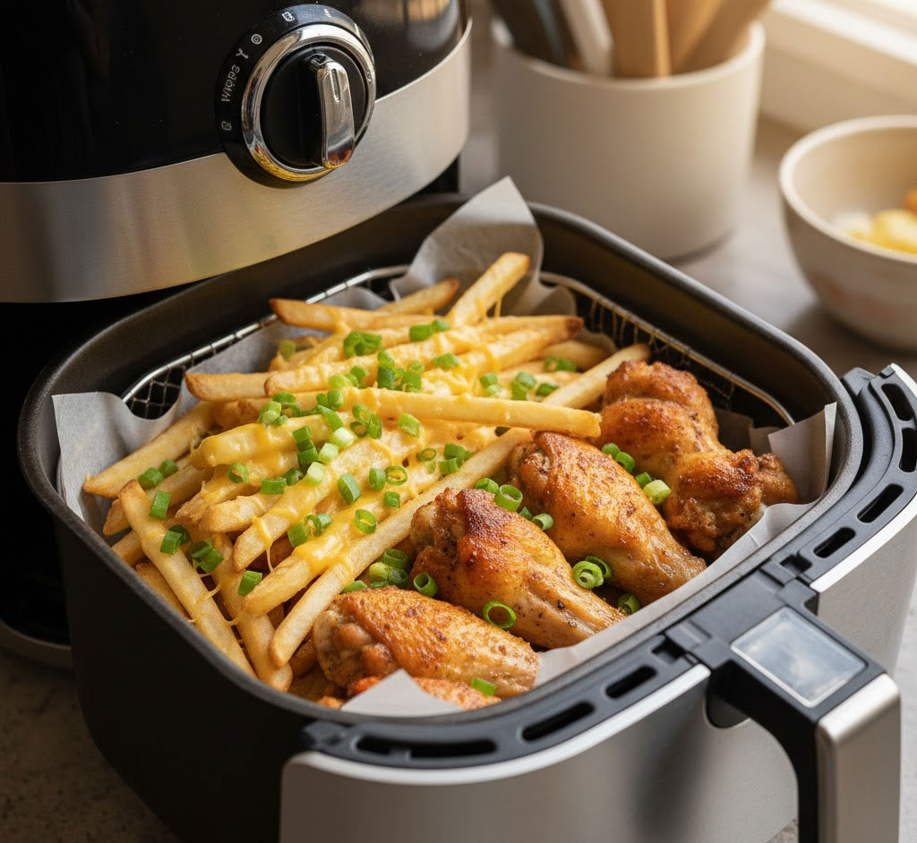 đùi gà ướp gia vị và khoai tây lắc phô-mai chuẩn bị trong giỏ nồi chiên