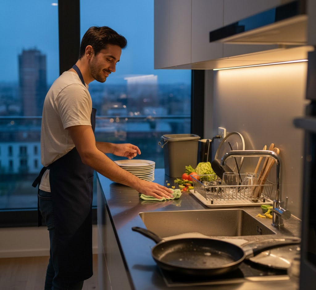 Cảnh người đang thu dọn sau khi nấu