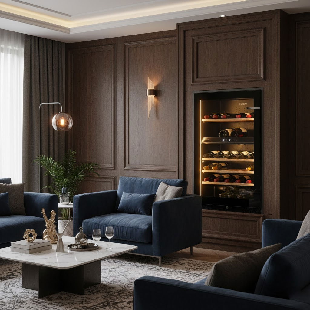 Không gian phòng khách sang trọng với tủ rượu âm tường trưng bày nhiều chai vang
