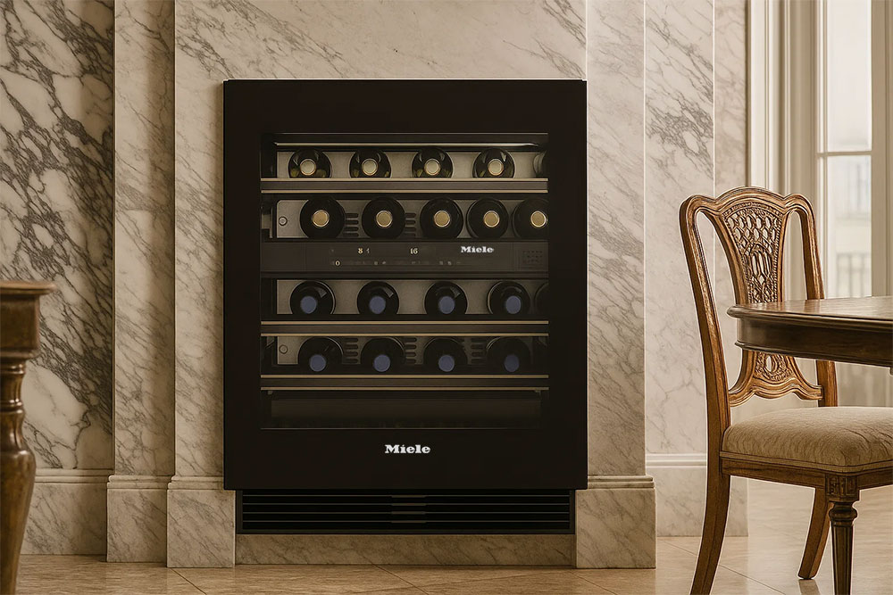 Tủ rượu Miele âm tường trong căn penthouse sang trọng, nội thất đá cẩm thạch và ánh sáng tự nhiên