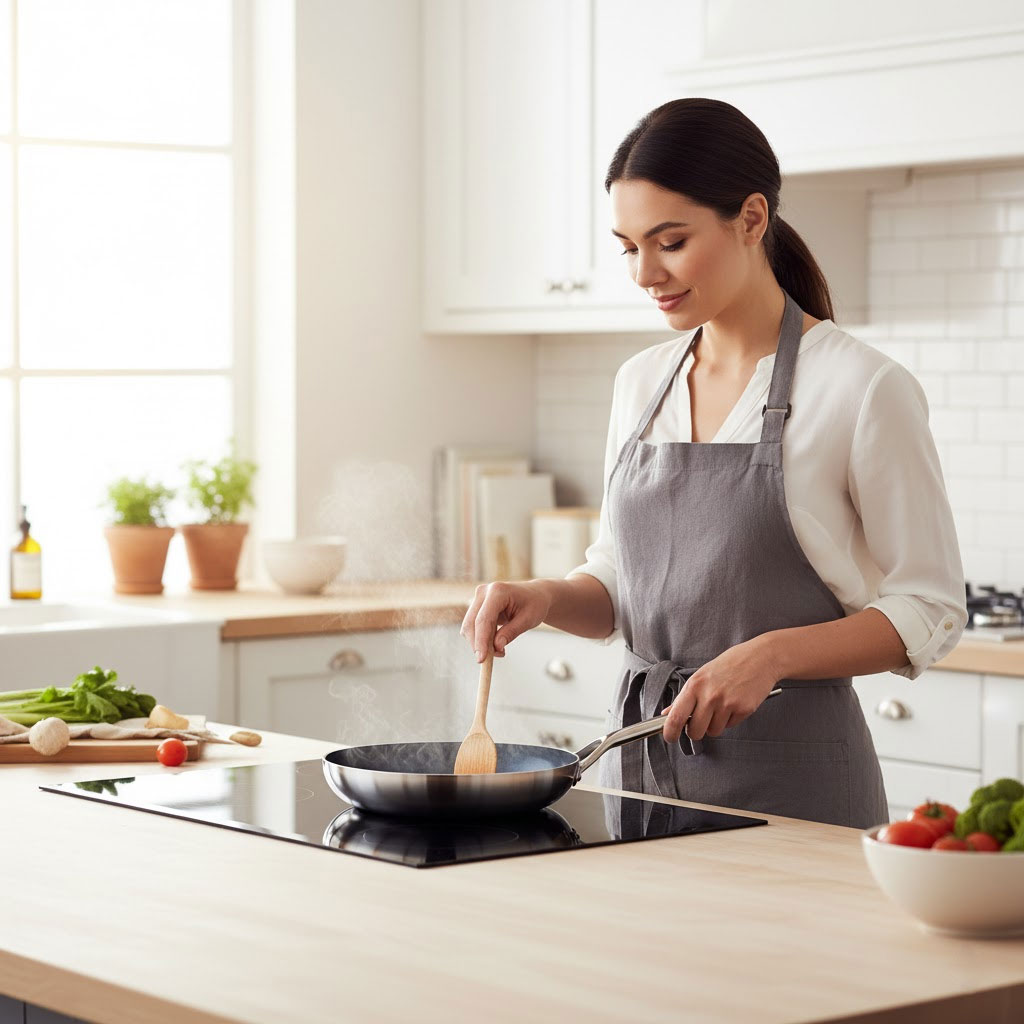 Người phụ nữ nấu ăn bằng chảo Blue Diamond trong căn bếp sáng