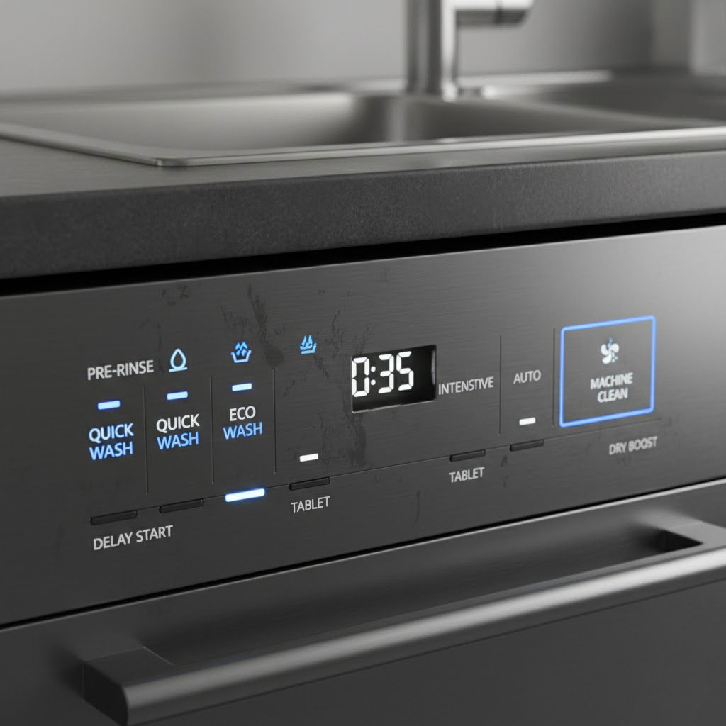 Bảng điều khiển máy rửa bát với chế độ vệ sinh chưa được chọn