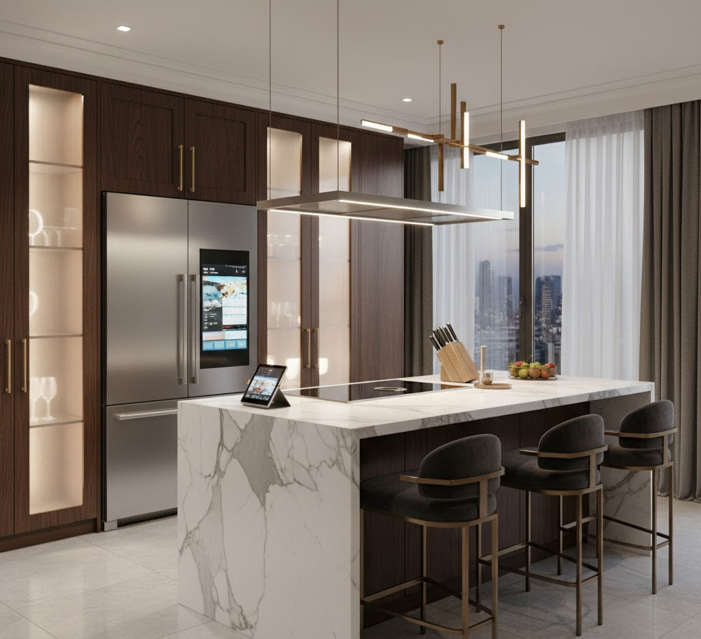 Tủ lạnh thông minh và bếp cảm ứng trong không gian sang trọng