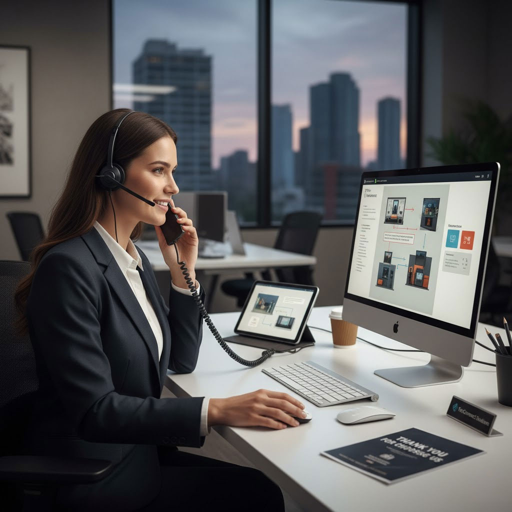 Nhân viên chăm sóc khách hàng tư vấn qua điện thoại cho khách hàng sau khi lắp đặt.