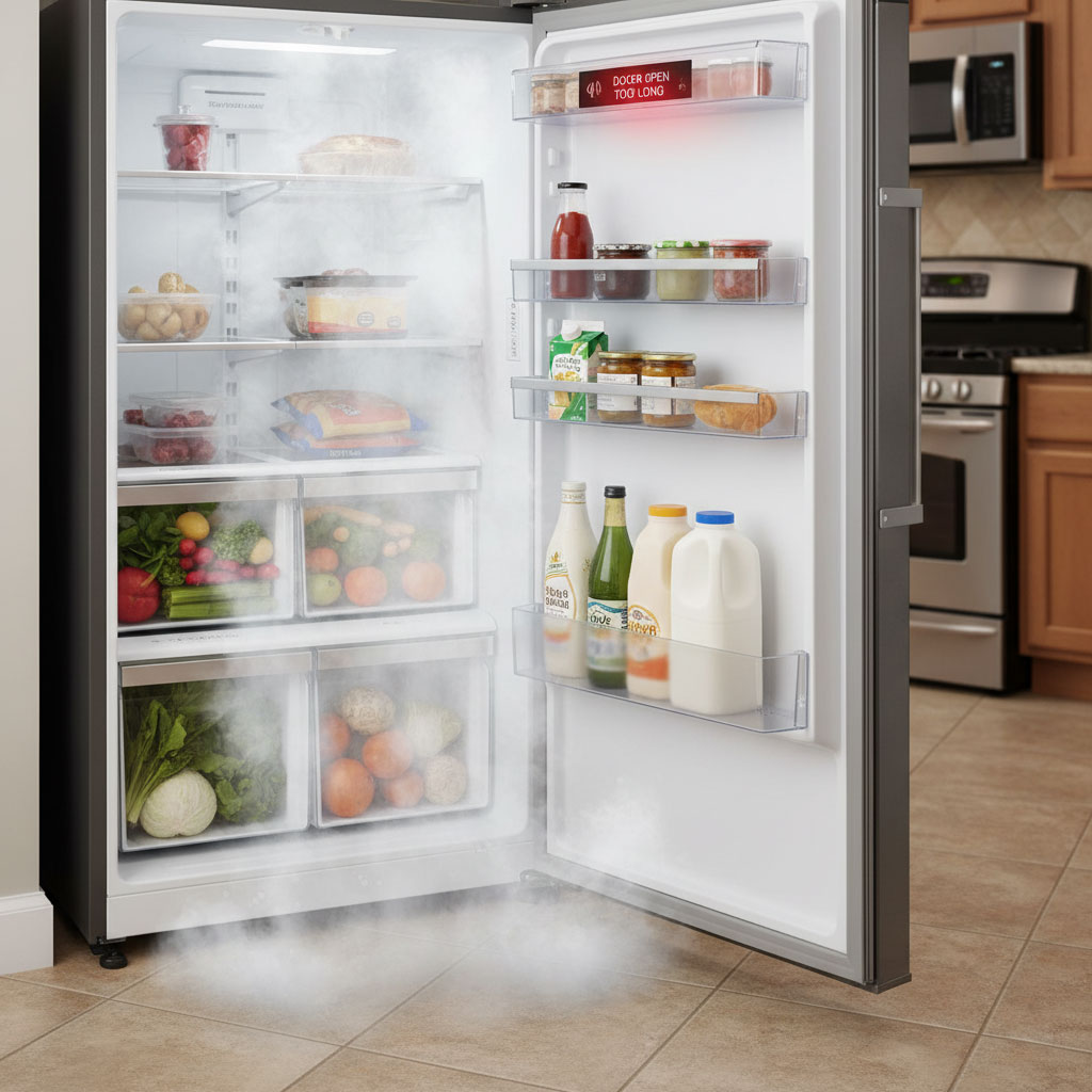 Cửa tủ mở hé để thấy hơi lạnh thoát ra, cảnh báo cửa mở lâu