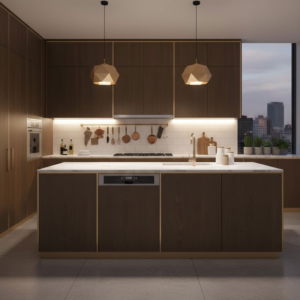 Căn bếp hiện đại với máy rửa bát âm tủ hòa hợp với nội thất