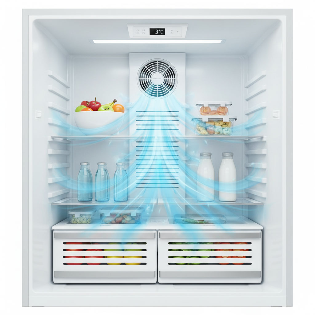 Hệ thống quạt đối lưu bên trong tủ lạnh đảm bảo lưu thông không khí