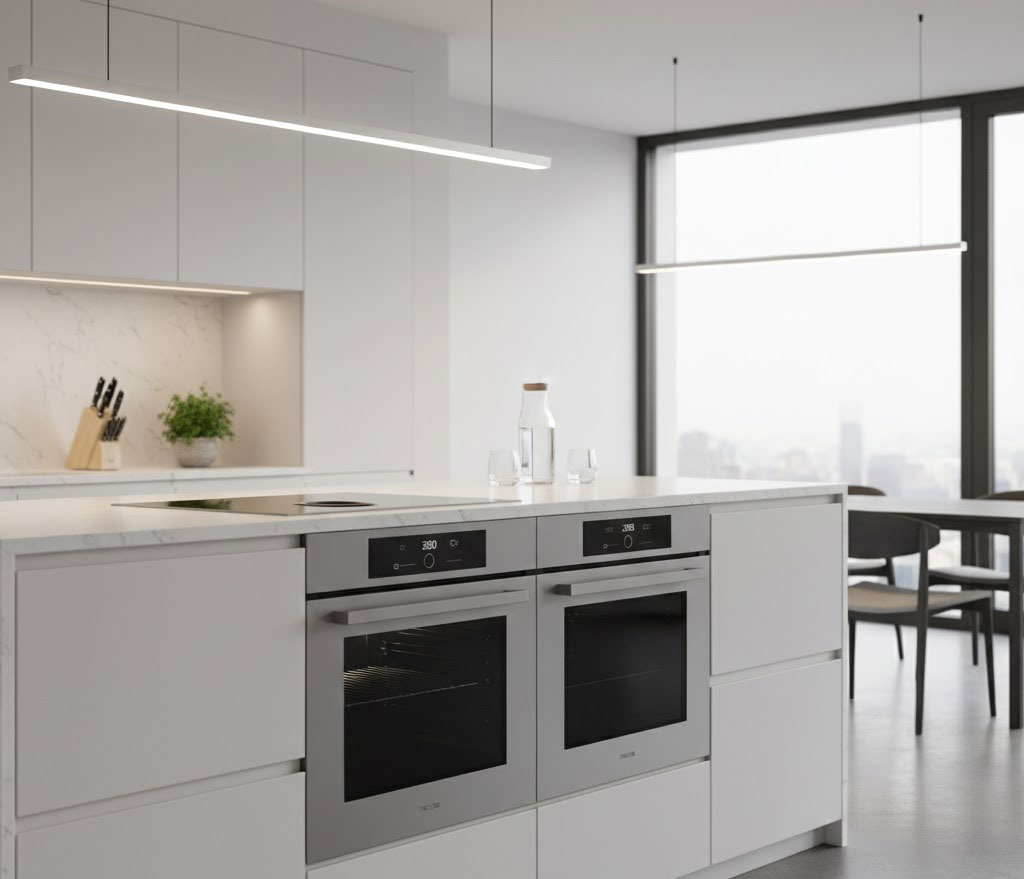 lò nướng đặt trong bếp hiện đại, ổ cắm điện chuyên dụng phía sau lò