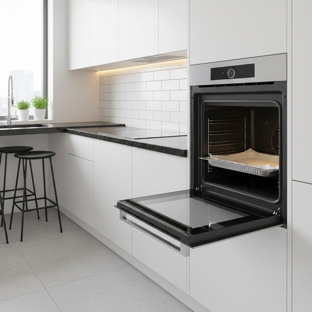 Gian bếp hiện đại với lò nướng âm tủ sạch bóng