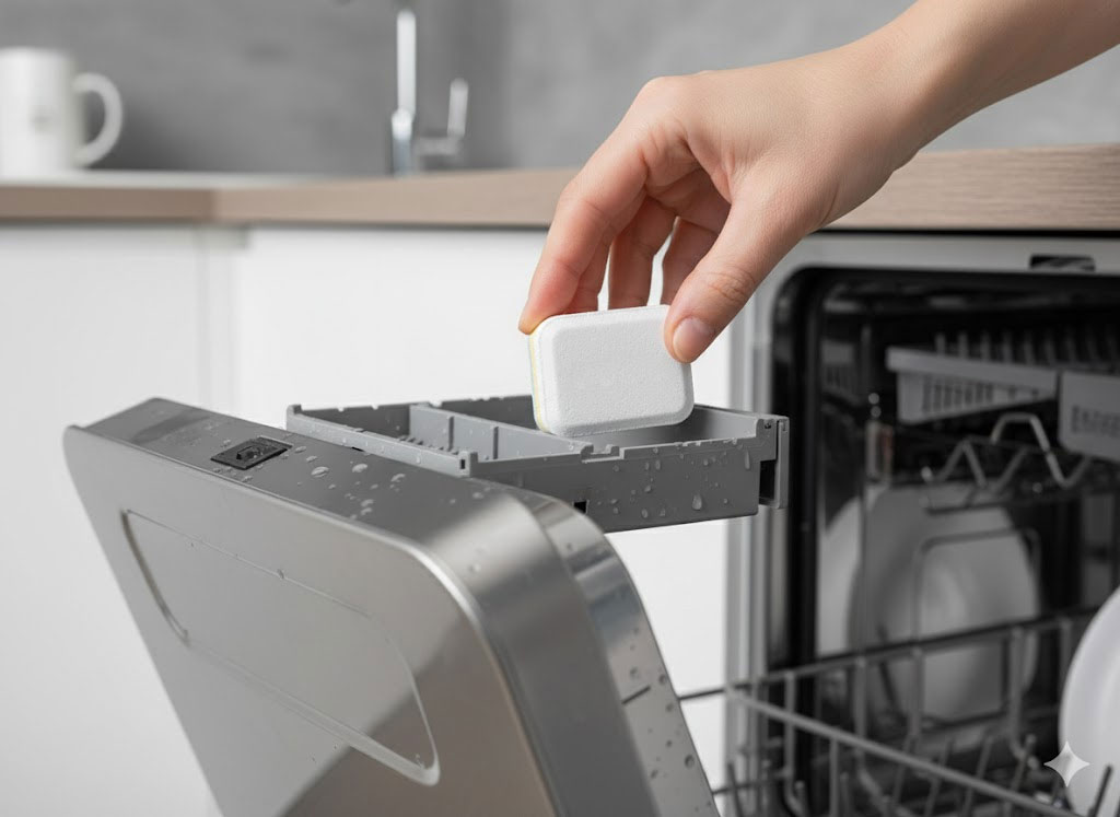 Người nội trợ đang đặt viên rửa bát LArgo vào máy rửa bát