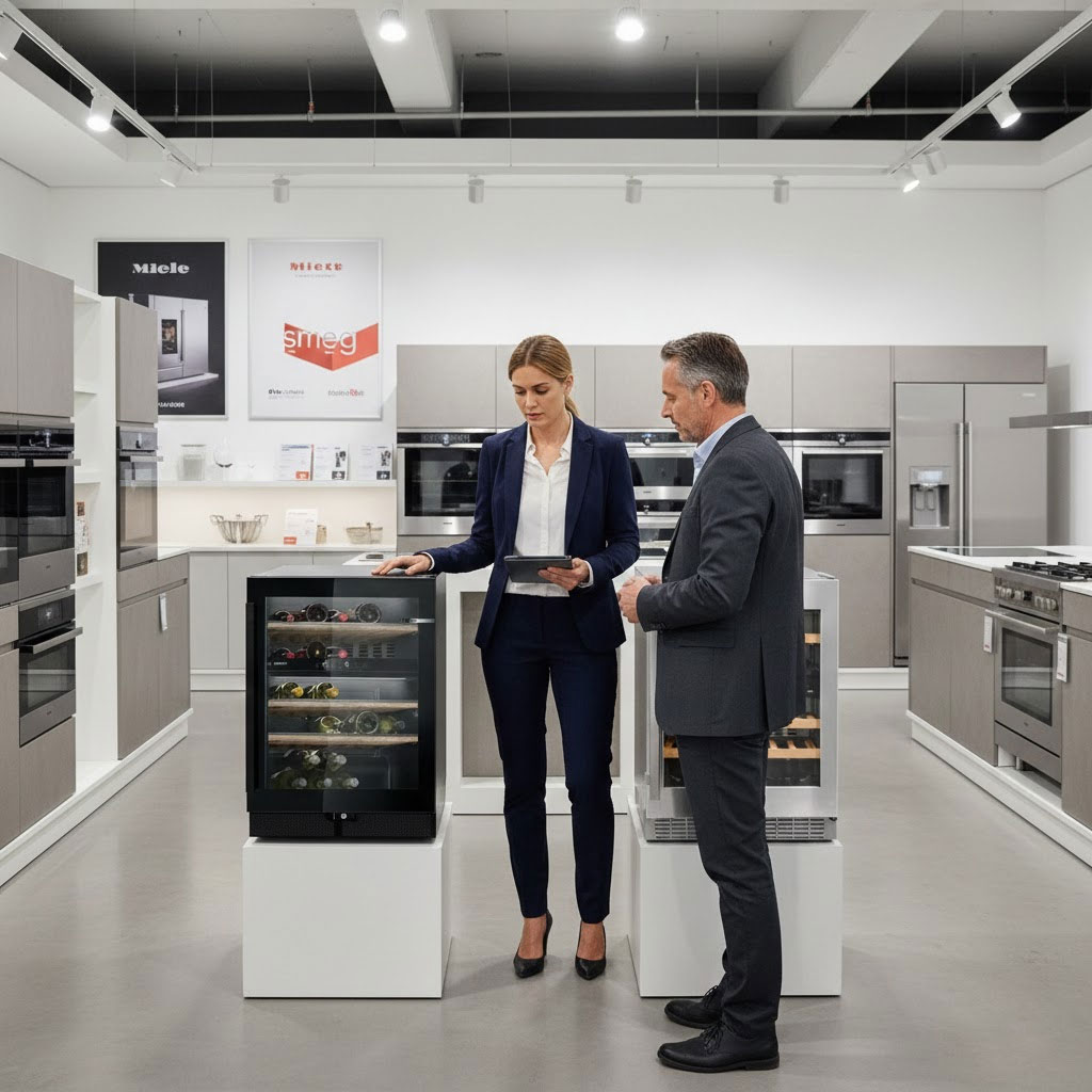 Nhân viên tư vấn đang giới thiệu tủ rượu thương hiệu châu Âu cho khách hàng tại showroom