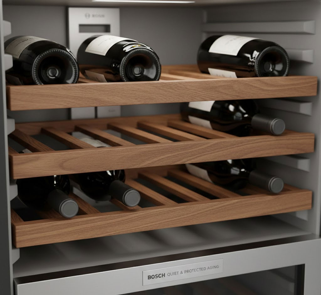 Kết cấu khay gỗ thơm chắc chắn trong tủ rượu Bosch