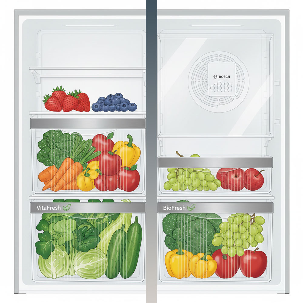 Ngăn VitaFresh đầy rau củ tươi trong tủ Bosch