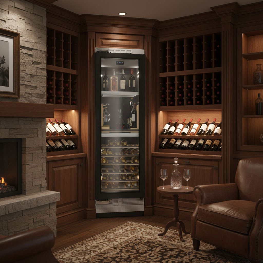 Tủ rượu dung tích lớn chứa nhiều chai rượu trong phòng giải trí cao cấp